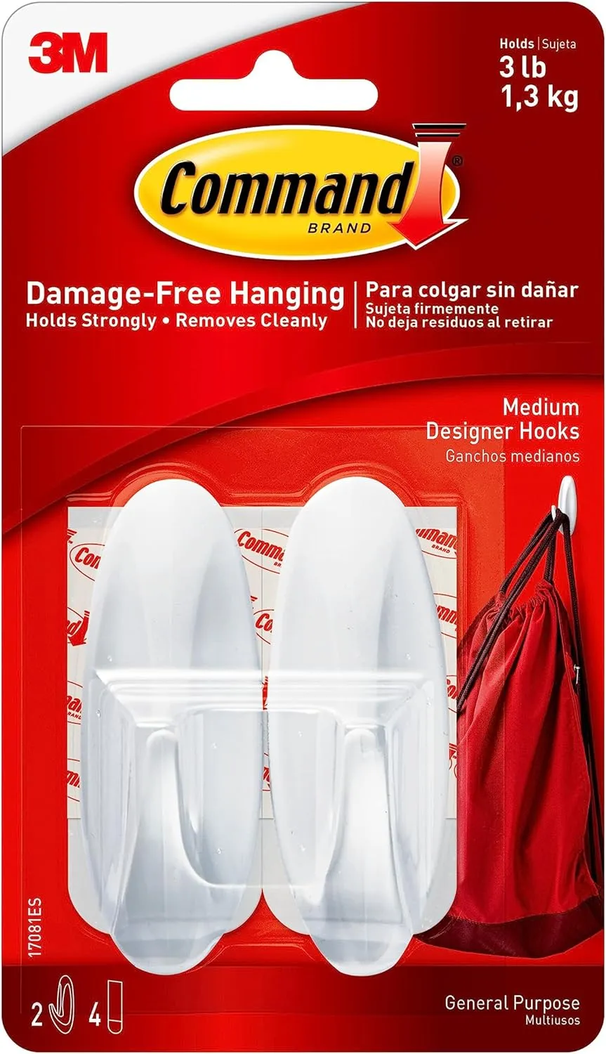 Command Medium Designer Hooks, 2 Hooks and 4 Strips, Damage Free Hanging, Easy to Apply, No Tools Required
