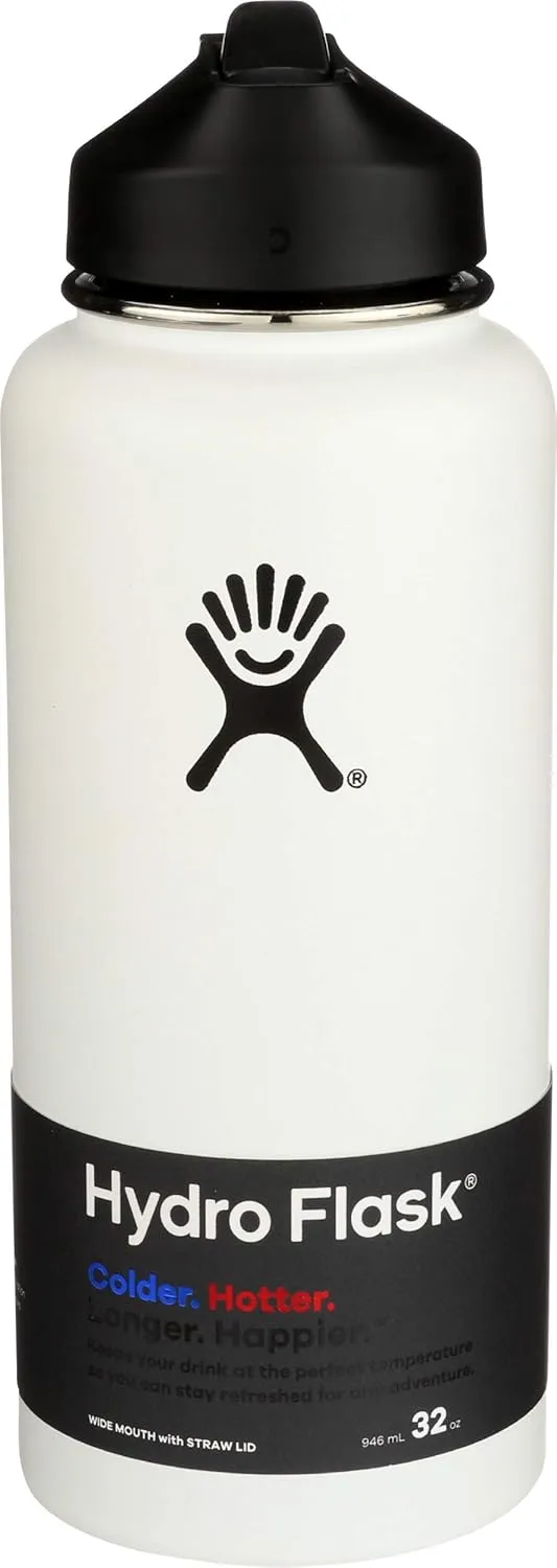 Hydro Flask Vacuum Insulated Stainless Steel Water Bottle Wide Mouth with Straw Lid, 32-Ounce