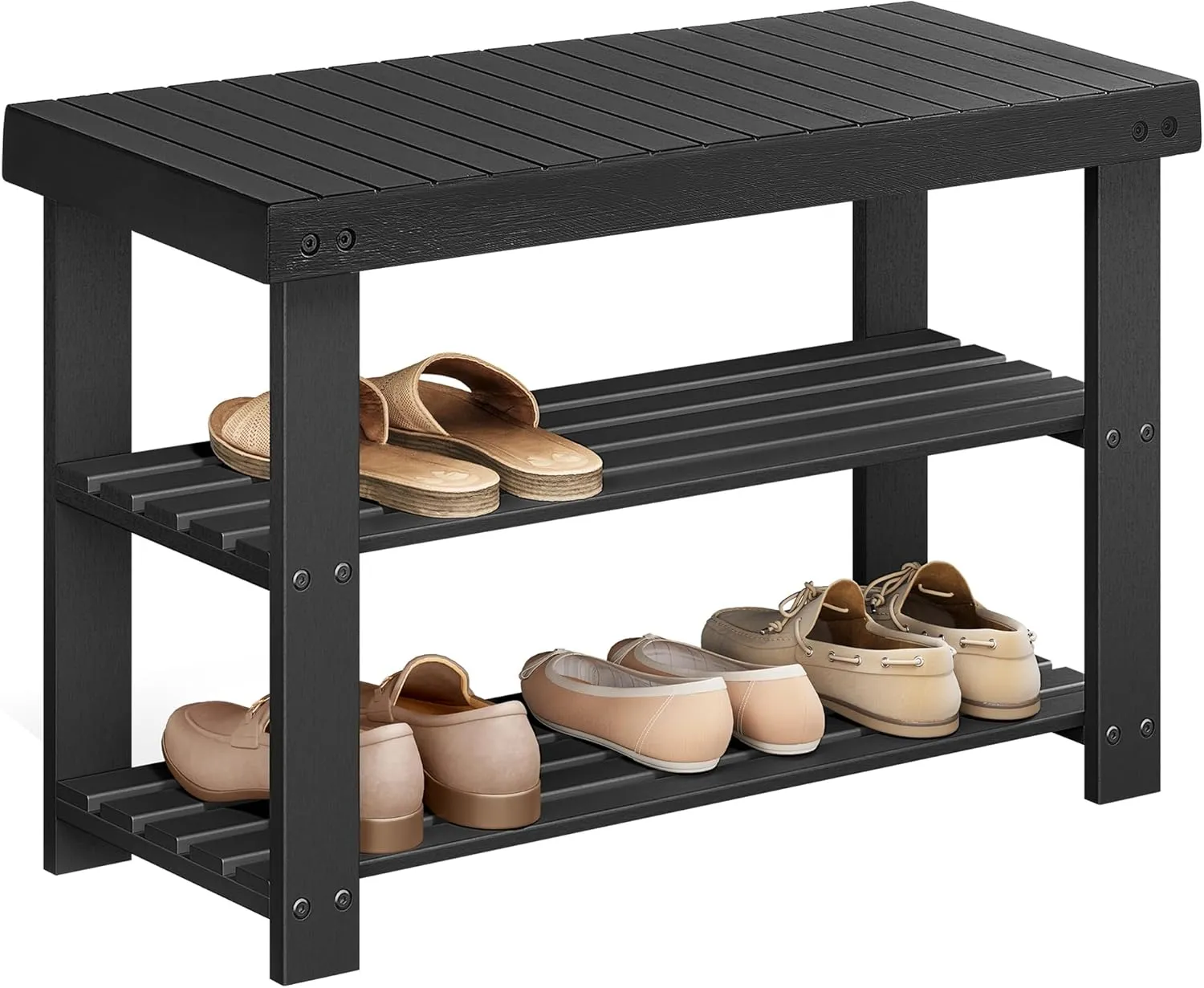 SONGMICS Shoe Rack Bench, 3-Tier Bamboo Shoe Storage Organizer with Seat, for Entryway, Hallway, Living Room, Natural and White ULCSB07N