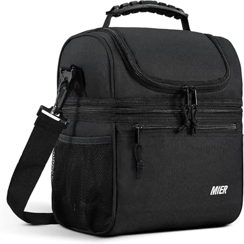 MIER Insulated Lunch Box Dual Compartment Lunch Bag Leakproof Cooler for Men Women Adult Work, Black, Medium (Upgraded Extra Thick)