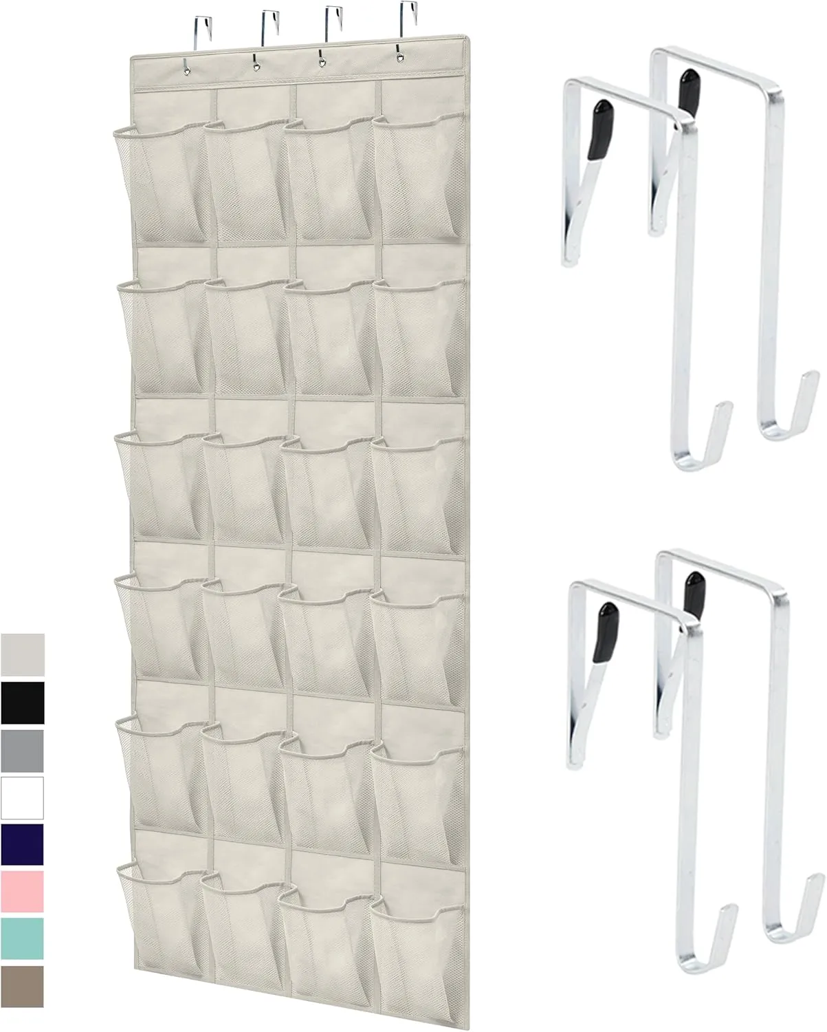 GORILLA GRIP Over the Door Shoe Organizer, 24 Large Breathable Mesh Pockets, Hangs on Standard Doors, Holds 12 Pairs, Gray