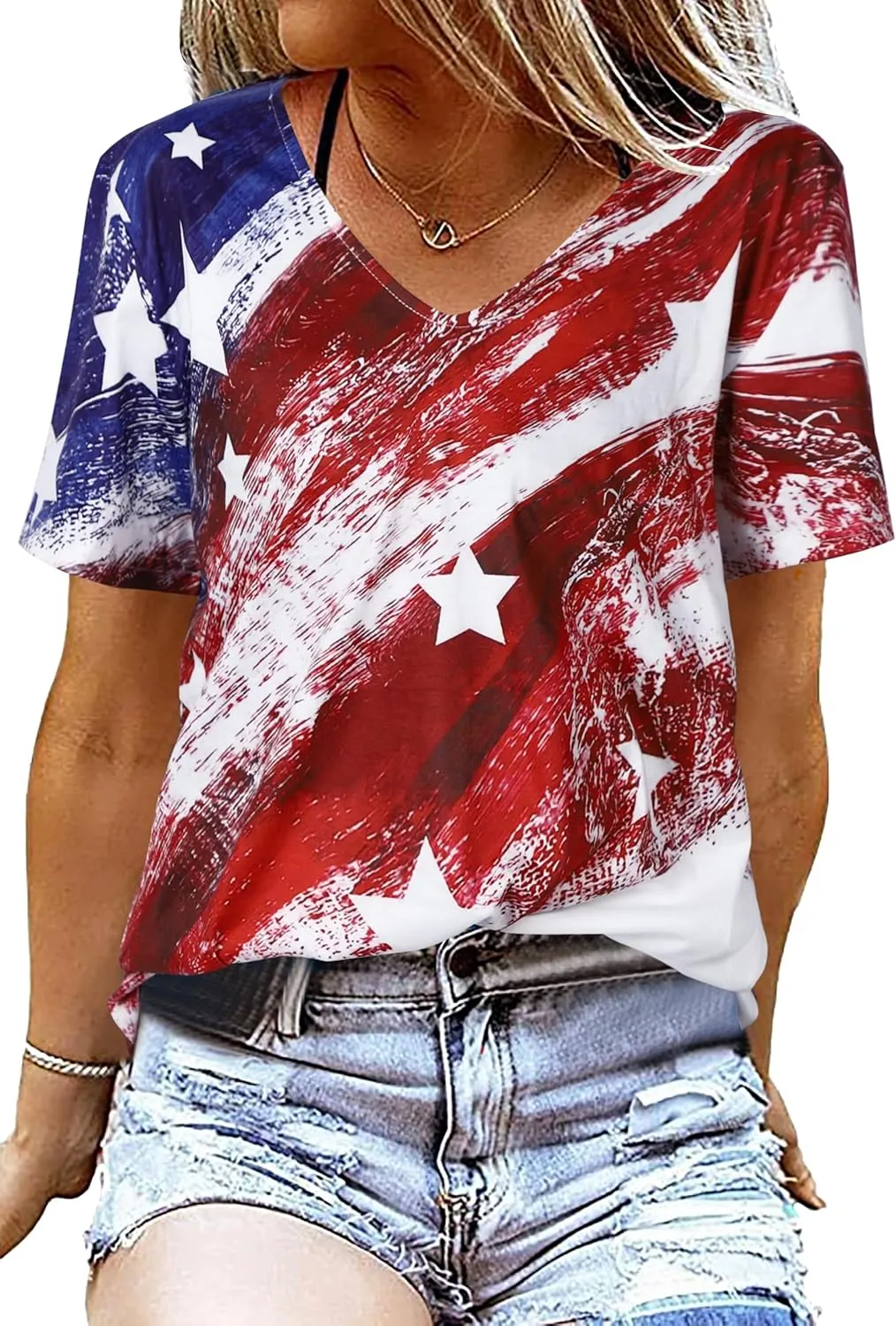 American Flag T-Shirt Women USA Stars Stripes 4th of July Casual V-Neck Tee