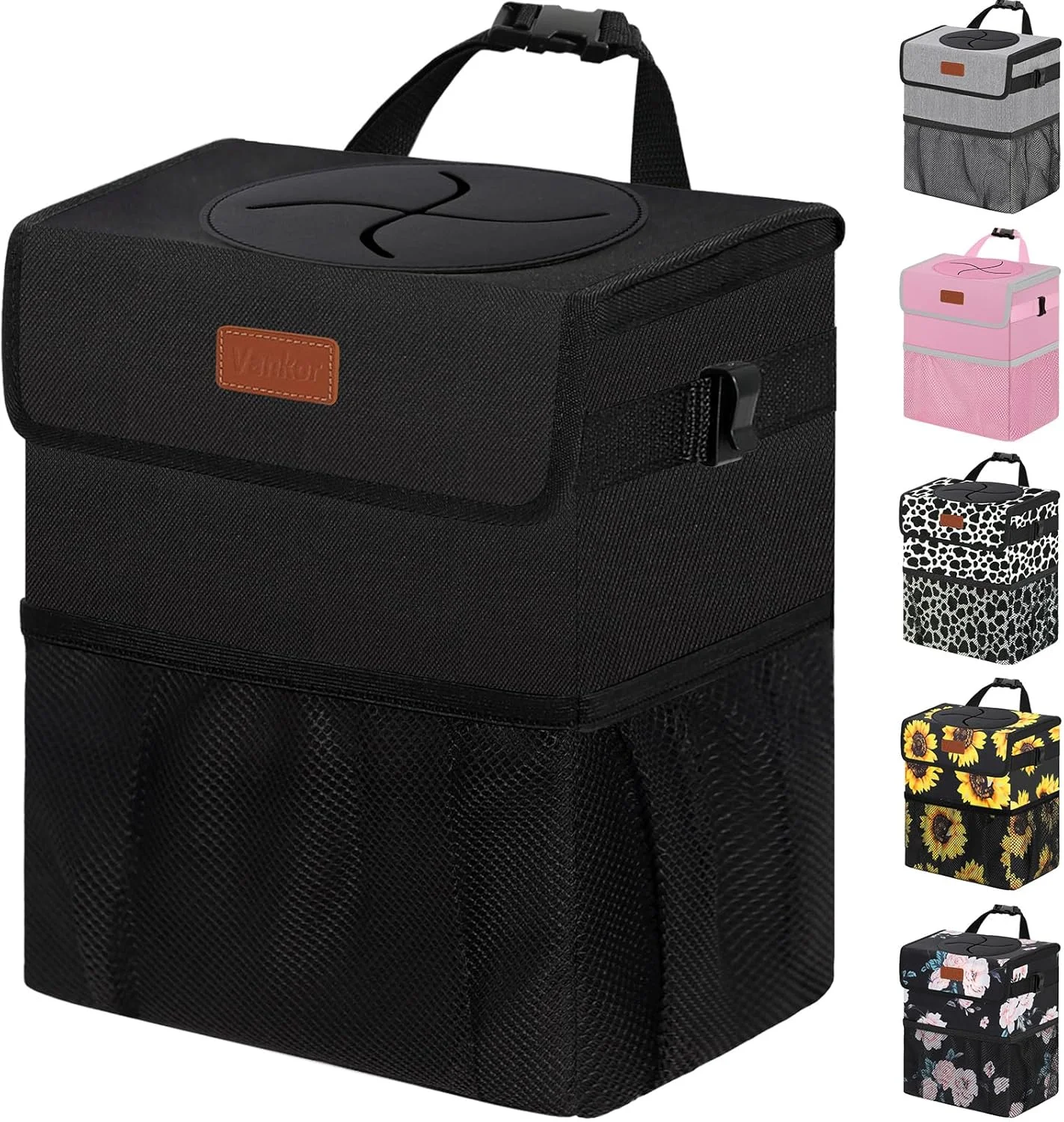 Vankor Car Trash Can Bin with Lid Hanging for Back Seat | Leak Proof Automotive Garbage Can for Truck SUV Black