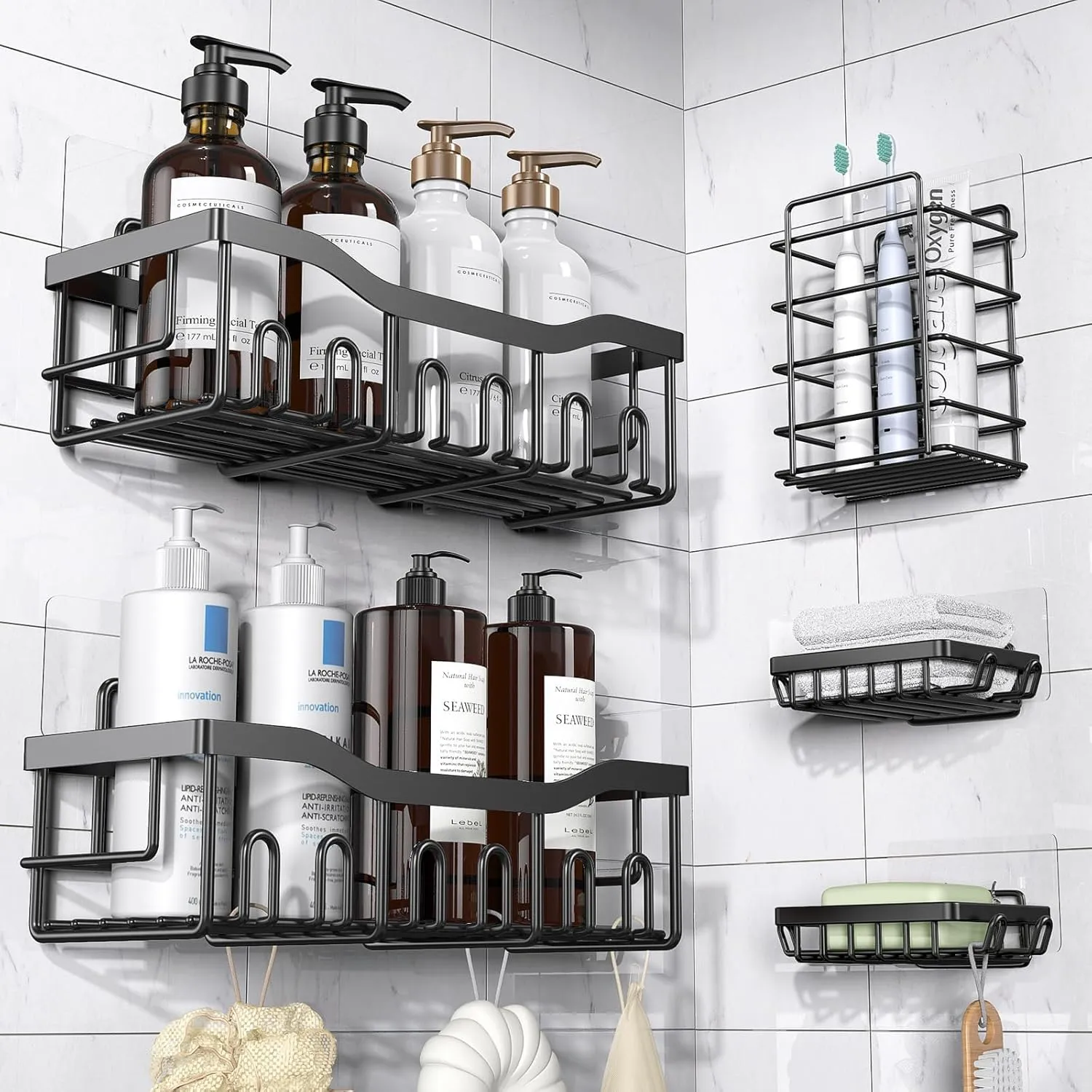 EUDELE Adhesive Shower Caddy, 5 Pack Rustproof Stainless Steel Bathroom Shelves Organizer with Hooks, No Drilling Wall Mounted Shower Organizer for Bathroom Kitchen