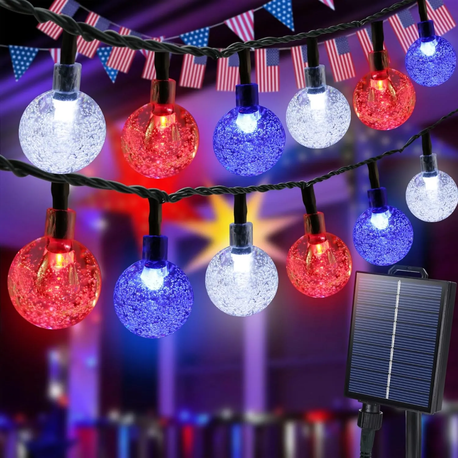 Joomer 7月4日 Red White Blue Solar String Lights, 39ft 60 LED Waterproof with 8 Lighting Modes for Garden Yard Patio