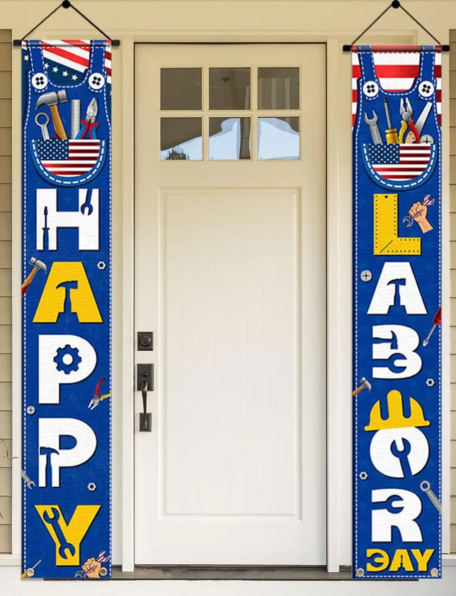 Labor Day Decoration,Happy Labor Day Porch Sign Banner,USA Patriotic Labor Day Door Hanging Banner Photography Background Backdrop for Labor Day Home Office Party