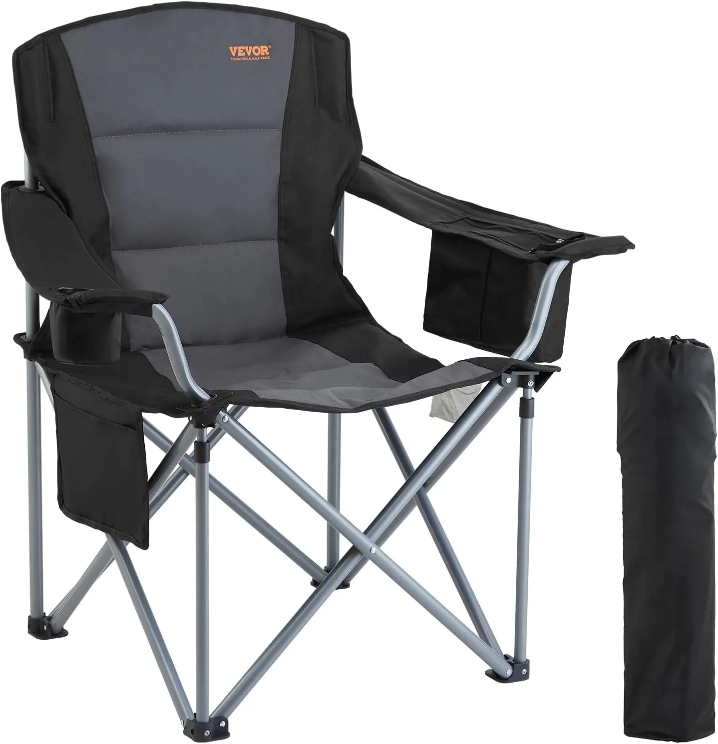 VEVOR Oversized Camping Folding Chair, Portable Heavy Duty Outdoor Quad Lumbar Back Padded with Side Pockets, Cup Holder and Cooler Bag for Beach, Lawn, Picnic, Fishing, Backpacking, Black