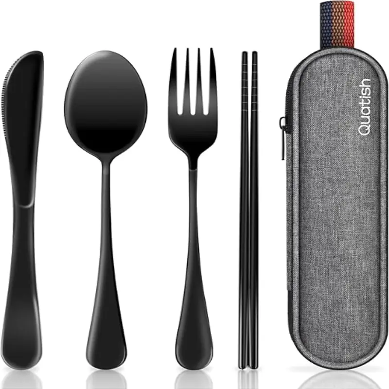 Travel Utensils with Case, Quatish Portable Silverware Set for Work, Stainless Steel Reusable Travel Cutlery Set, Fork and Spoon and Knife and Chopsticks