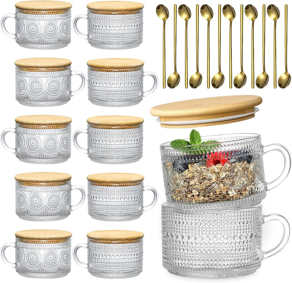 LANDNEOO 12pcs Irish Coffee Glasses 14oz Clear Embossed Glass Cups with Bamboo Lids and Spoons