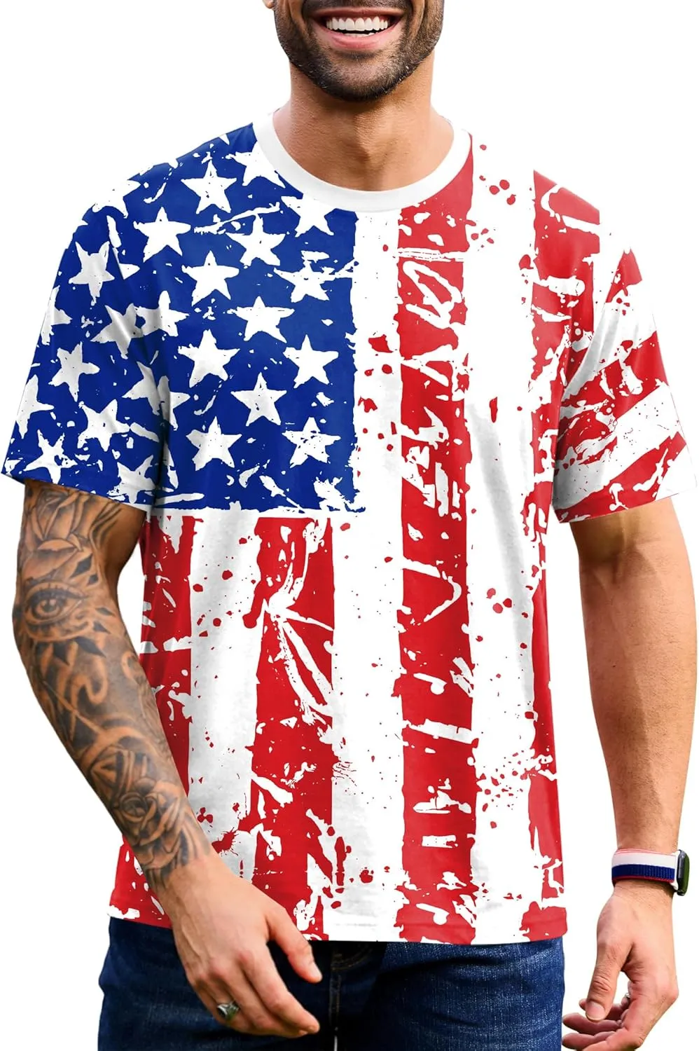 Arvilhill Men's American Flag Shirt 4th of July Short Sleeve Tie-Dye Tee (S-3XL)