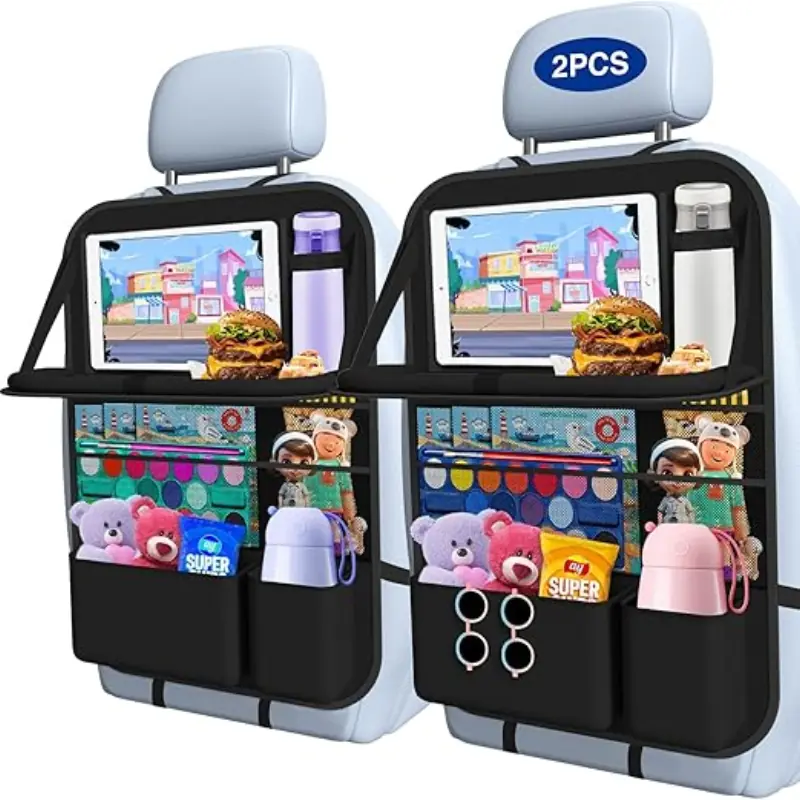 Car Backseat Organizer with Table Tray (2-Pack) 9 Storage Pockets Backseat Car Organizer and Storage with Tablet Holder, Back Seat Organizer for Kids Travel