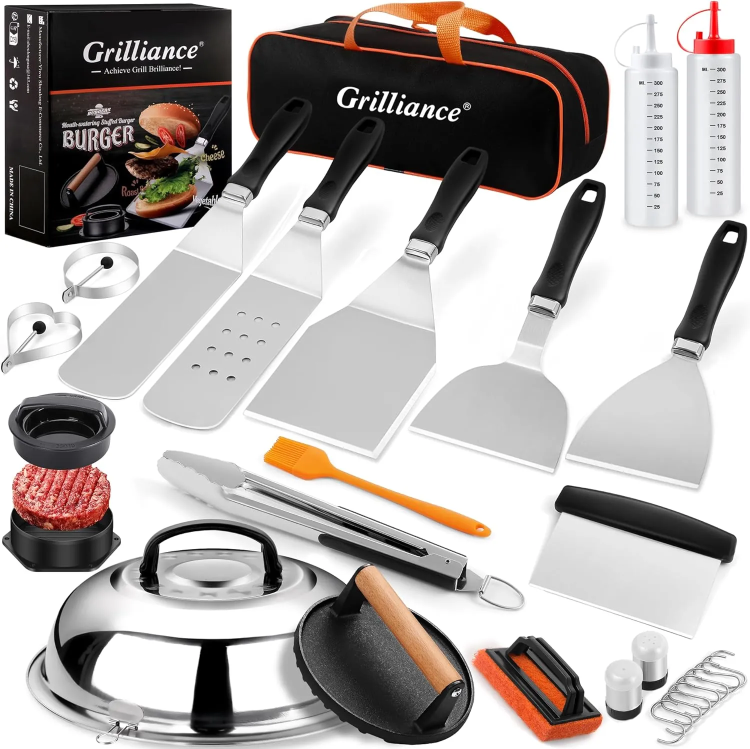 Grilliance 27pcs Griddle Accessories Kit for Blackstone, Professional Hibachi Flat Top Grill Tools, Enlarged Spatula Gift Set with Basting Cover, Burger Press Patty Maker for Outdoor BBQ Teppanyaki