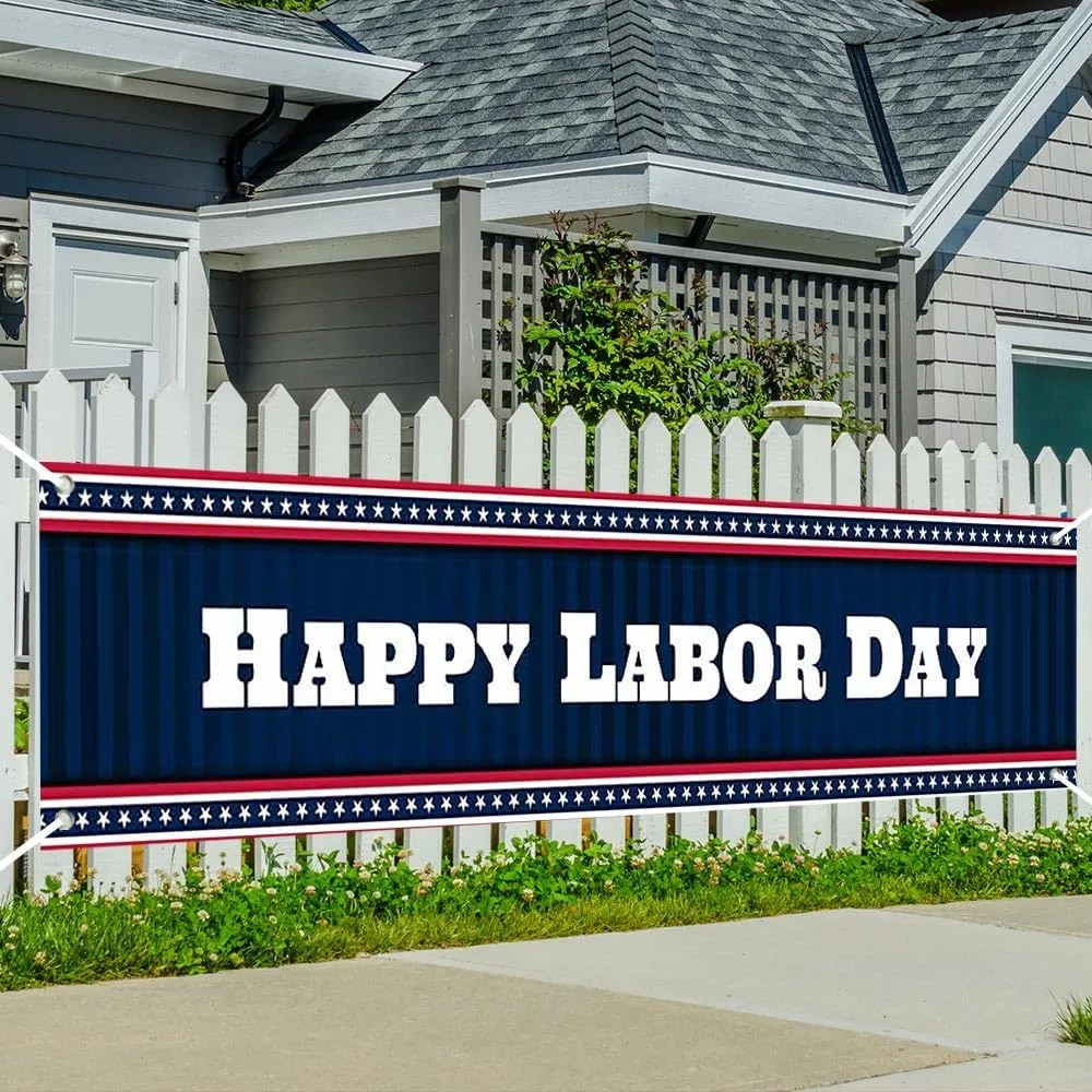 Large Happy Labor Day Banner - 98x19in Patriotic Stars and Stripes Design Labor Day Celebrations Patriotic Red White and Blue Outdoor Parties Events Supplies