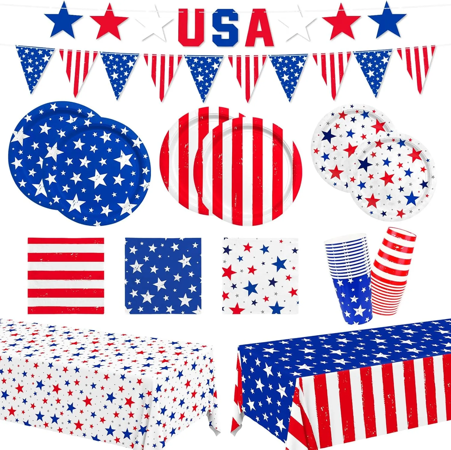 4th of July Party Supplies Set, Patriotic Tableware for 24 Guests — Plates, Napkins, Cups, Banner, Tablecloth