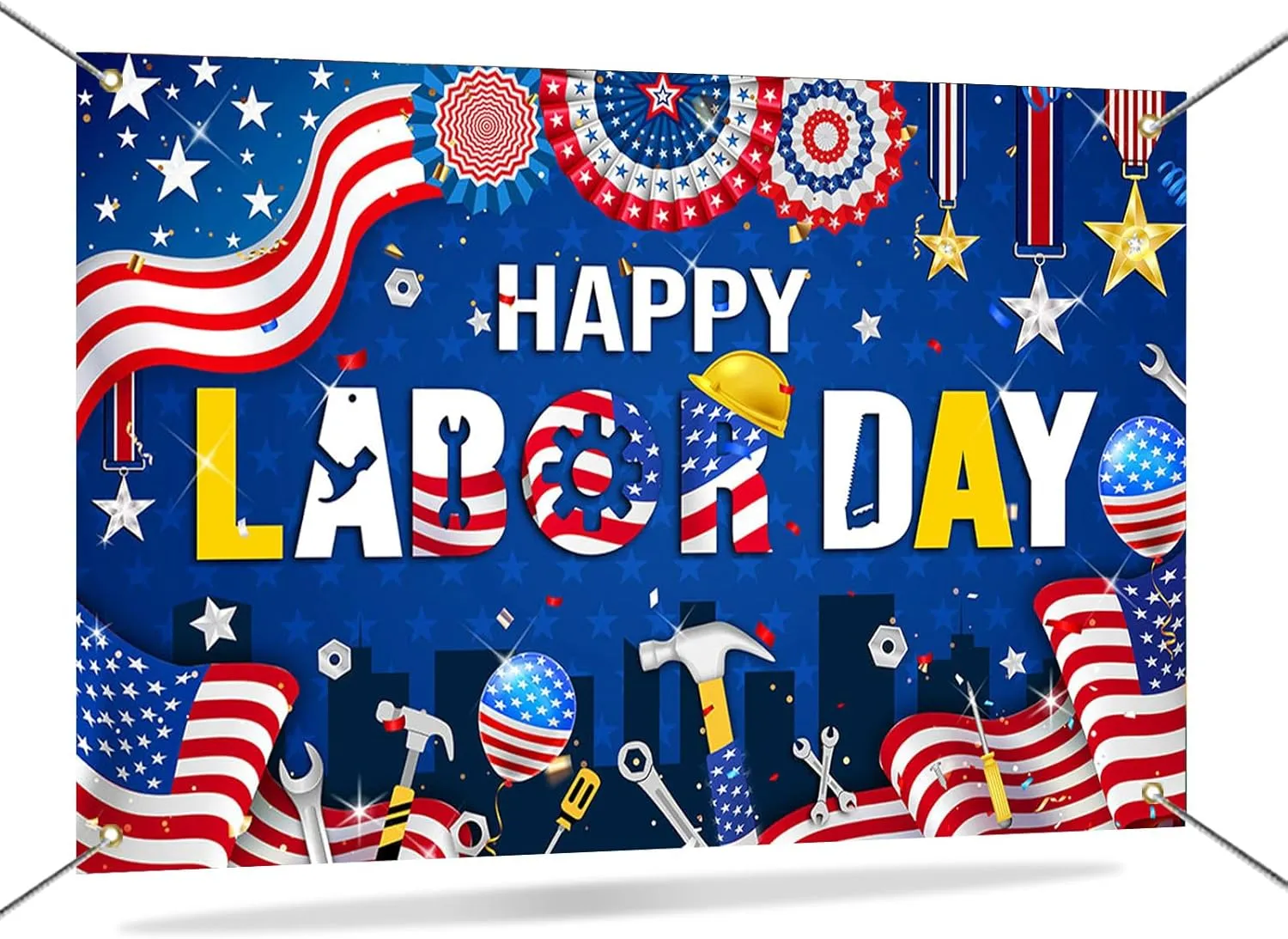 Mocsicka Happy Labor Day Backdrop Banner American Labor Day Celebration Party Decorations Blue Patriotic Flag Workers People Photography Background Outdoor Indoor