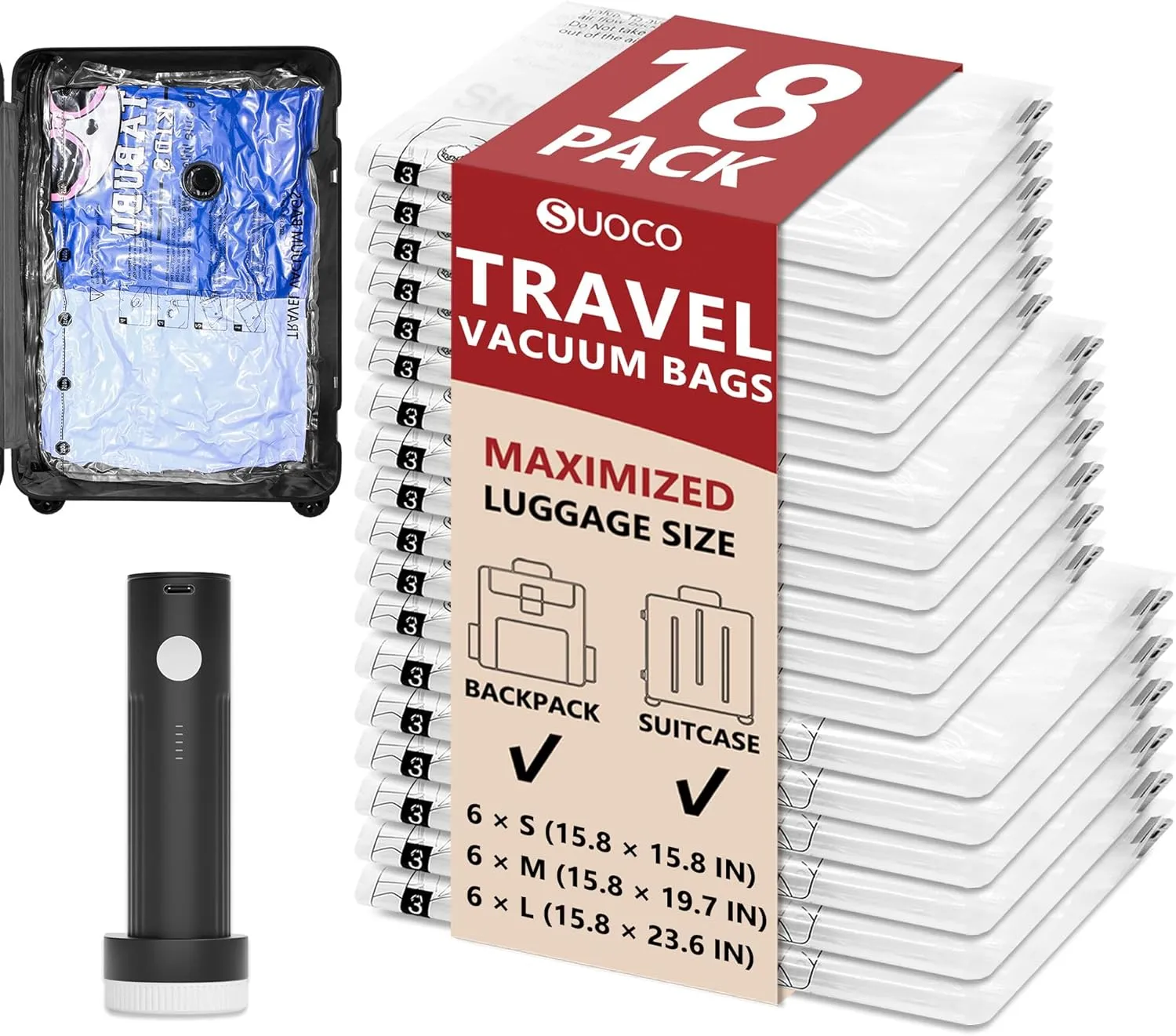 Travel Vacuum Bags for Clothing with Rechargeable Electric Pump, Compression Packing Cubes Organizer Storage for Luggage Suitcase, Carry-on Travel Essentials