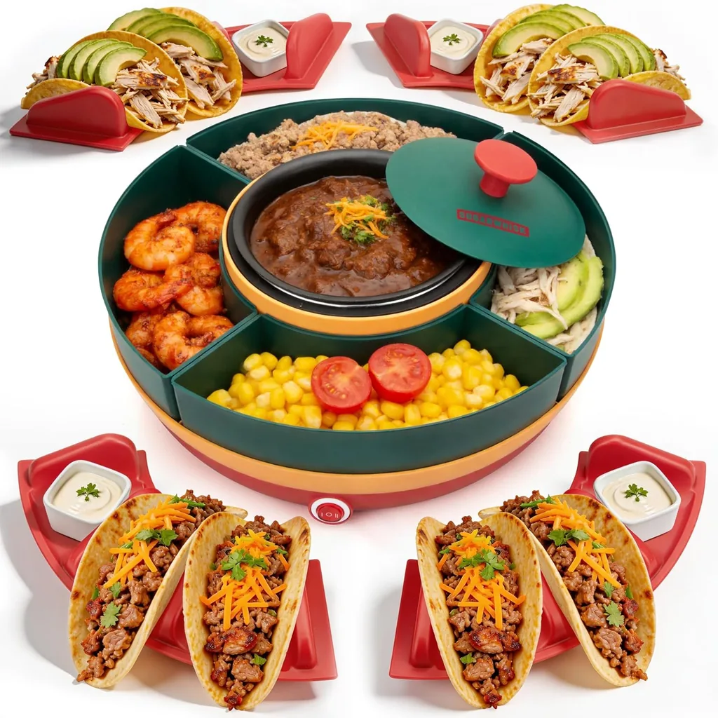 SugarWhisk Lazy Susan Taco Bar & Condiment Containers with Lids, 4 Taco Holders for Taco Tuesday Kit