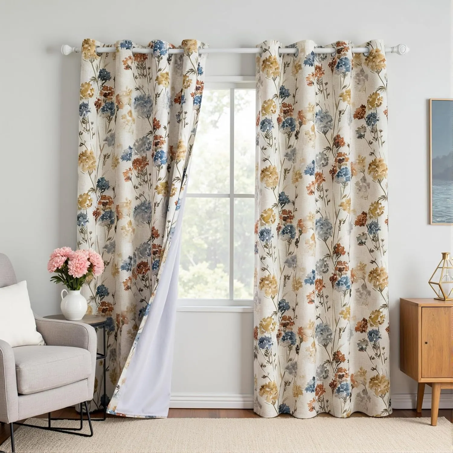 MYSKY HOME Floral Linen 100% Blackout Curtains 84 Inch Length 2 Panels for Living/Dining Room Bedroom Double Layer Therm