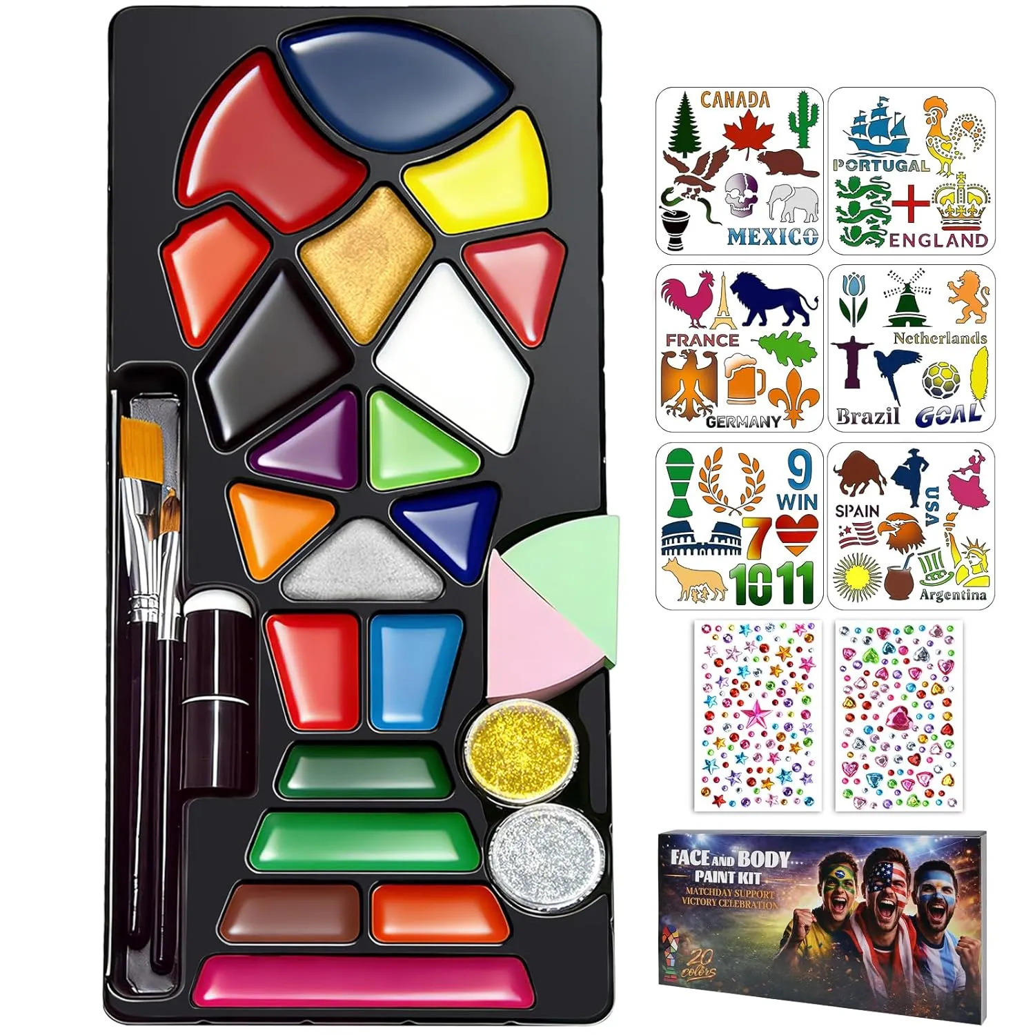 Face Painting Kit for Kids & Adults, 20 Colors Water Activated Face Paint Set with Stencils, Gems & Brushes, Washable Face Paint